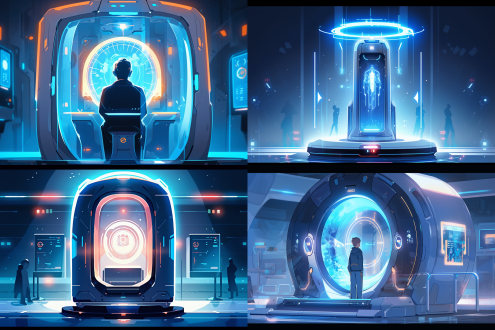 "充满科技感的扫描仪扫描人体，卡通渲染风格，明亮未来感，蓝色科技光效，人体轮廓透明发光，扫描线动态效果，简约几何背景，柔光照明，高饱和度色彩，科幻元素，动作流畅，科技设备细节丰富，欢快而神秘情绪。"