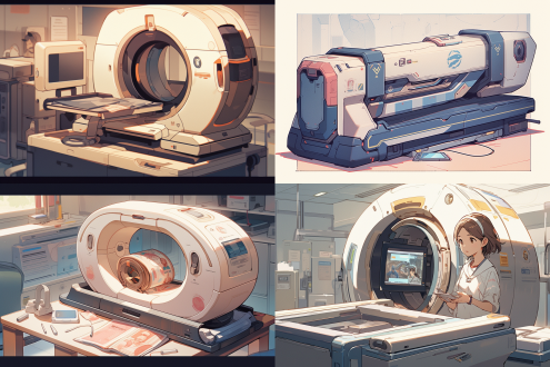 一台长杆壮，充满科技感的扫描仪，正在扫描人体，卡通画风