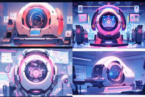 机械臂扫描仪，未来科技感，卡通风格，圆润线条，柔和色彩，大眼睛显示屏，微笑表情，背景是数字实验室，霓虹灯光，浅景深，35mm镜头，明亮光线，动态扫描动作，蓝色与粉色主色调，欢乐氛围。