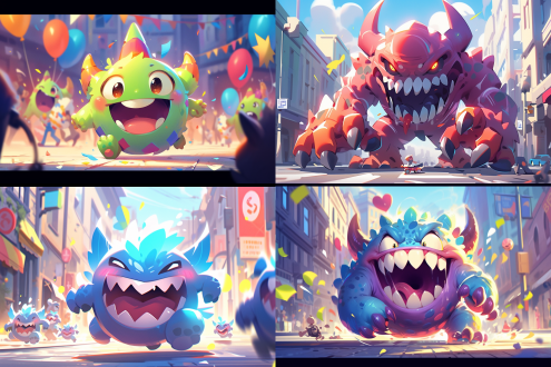 弹簧卡通怪物，夸张弹跳动作，明亮鲜艳色彩，圆润卡通风格，城市街道背景，黄昏柔和光线，长阴影效果，广角镜头，动态模糊，快乐表情，大眼睛，金属弹簧身体，霓虹色细节，幽默氛围，喜剧感，高饱和度，干净线条，3d渲染，塑料质感，弹性变形，生动活泼，夸张表情，欢乐场景