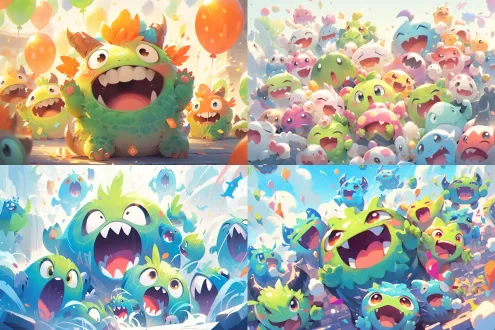 "弹簧卡通怪物，夸张弹跳动作，明亮多彩背景，欢乐氛围，圆润可爱造型，大眼睛露齿笑，弹性材质质感，动态模糊效果，柔和的全局光照，卡通渲染风格，鲜艳色彩对比，充满活力，趣味场景，俯视角度，特写镜头，生动活泼，细节丰富，夸张物理效果，快乐情绪。"