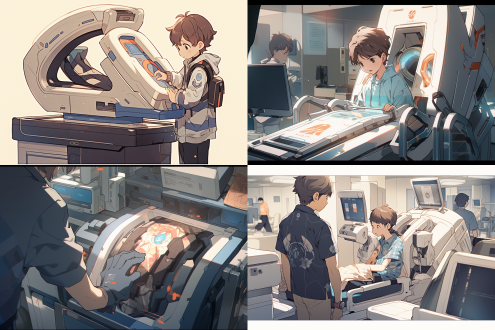 一台机械臂形状的扫描仪，正在给少年扫描身体，卡通风格