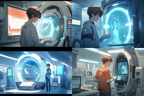 机械臂扫描仪扫描少年全身，科幻卡通风格，明亮色彩，未来感实验室，柔和光线，圆润线条，少年惊讶表情，穿着简约连体衣，广角镜头，动态视角，高饱和度，金属光泽，科技感背景，悬浮屏幕数据流，轻微运动模糊，生动活泼。