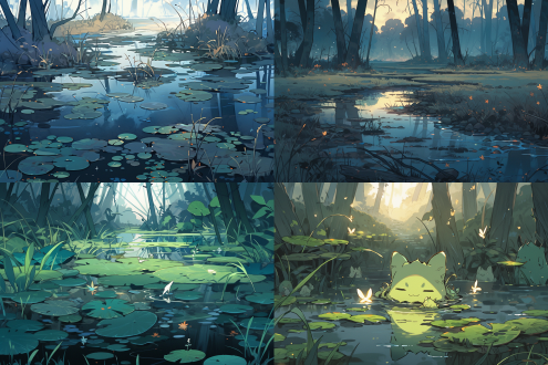 沼泽，里面生出恶魔之手，卡通插画风格