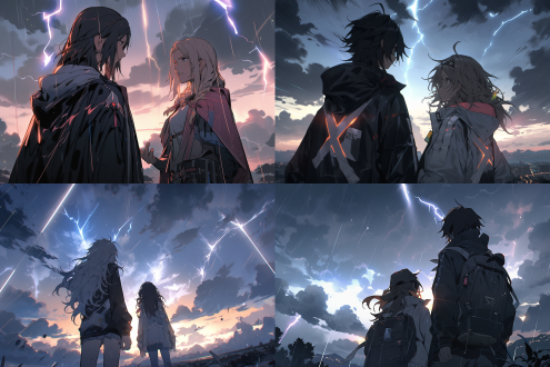 两个人背对背，头顶是乌云和闪电的对话框