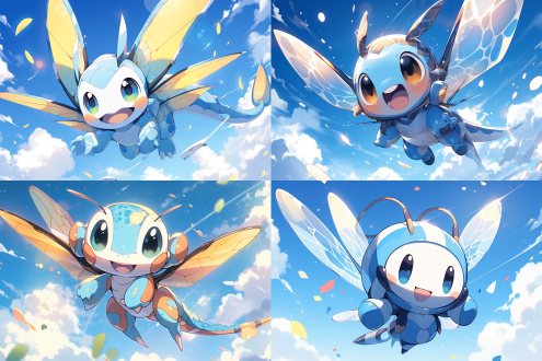 卡通q版蜻蜓拟人飞行，圆润可爱造型，大眼睛明亮带笑，翅膀透明闪烁，穿着迷你飞行员服装，蓝天白云背景，俯视视角，动态模糊效果，高饱和度色彩，柔光照射，轻盈飘逸，快乐自由，广角镜头，卡通渲染，清新治愈风格。