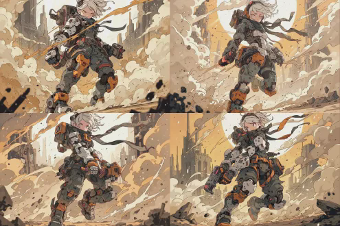 机甲少女废墟中行走，白色短发飘动，身穿战损风机械装甲，表情坚毅，废土环境尘土飞扬，破败城市天际线，广角镜头拍摄，背光勾勒轮廓，橙黄主色调，飞沙动态感，电影质感，低饱和度，末日美学。