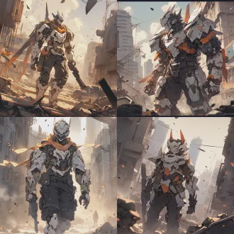 机甲少年废墟行走，白色短发飘动，战损机械装甲，表情坚毅，广角镜头，废土环境尘土飞扬，破败城市天际线，背光轮廓，橙黄主色调，飞沙动态感，电影质感，低饱和度，末日美学，冷峻坚毅。