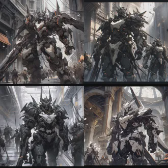 机甲战士在废墟中行走，战损装甲露出复杂内构，手持机械匕首，全身特写，细节清晰，机械感强烈，未来废墟，锈蚀金属，冷色调，广角镜头，戏剧性顶光，静态姿势，沉重感，精密机械，金属质感，赛博朋克风格，高对比度，电影质感。