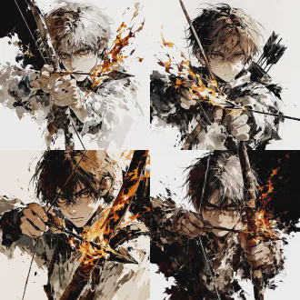 young archer, the blazing scene and the determined gaze, the unyielding and stern demeanor, the disheveled short hair with fringes turning dark brown, the fingers tightly gripping the bow and arrow, with flames of intense fire surging at the tips, the eternal flames burning around the hands, the sawmill artistic style, black and white images, rough and thick lines, sharp contours, high contrast, moderate shadowing treatment, pure white background, simple composition.