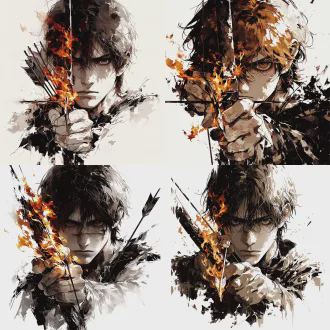 young archer, the burning scene and the determined gaze, the unyielding and stern demeanor, the disheveled short hair with fringes turning dark brown, the fingers tightly gripping the bow and arrow, with flames surging from the fingertips, the eternal flames burning around the hands, the head portrait, in the style of a woodworker, in black and white, with rough and thick lines, sharp contours, high contrast, moderate shadowing treatment, a pure white background, and a simple composition.young archer, the burning scene and the determined gaze, the unyielding and stern demeanor, the disheveled short hair with fringes turning dark brown, the fingers tightly gripping the bow and arrow, with flames surging from the fingertips, the eternal flames burning around the hands, the head portrait, in the style of a woodworker, in black and white, with rough and thick lines, sharp contours, high contrast, moderate shadowing treatment, a pure white background, and a simple composition.