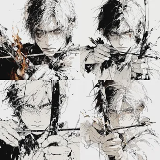 少年弓箭手，燃烧的景象和坚定的眼神，不屈且严厉的气质，凌乱的短发，发梢呈焦黑色，手紧握弓箭，拉弓，头像，锯木工艺术风格，黑白线稿画面，粗犷厚实的线条，锐利的轮廓，高对比度，适度的阴影处理，纯白的背景，简洁的构图。