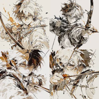 young archer, the burning scene and the determined gaze, the unyielding and stern demeanor, the disheveled short hair with fringes turning dark brown, hands tightly gripping the bow and arrow, pulling the bow, chinese style, sawmill art style, black and white line drawing picture, rough and thick lines, sharp outlines, high contrast, moderate shadow treatment, pure white background, simple composition.