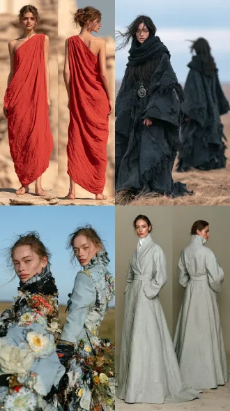 超写实大师级摄影佳作，实景拍摄的国际超模，西欧女性形象，生命活力之美，魅力四射，正面情绪，真实人物，写真皮肤肌理，现实质感，超清画质。画面左侧是超模前侧方视角全身视图，画面右侧是侧后方视角全身视图，两个视角视图全面展示全身细节，聚焦清晰不失焦。世界古典文化艺术元素与未来主义设计理念相融合，传承世界传统服饰艺术与传统手工服饰工艺，古典繁复修饰和饰品呈现与未来主义简约和归真相碰撞，光影色彩视觉美学与自然崇拜交融，极尽开拓创新思路，使整体造型尽显超凡的艺术魅力，无任何文字和标志。服饰与饰品艺术，彩妆美妆与发型发饰艺术，人体美学，色彩美学，材质美学，形体美学。全身视图，超高细节，最高清晰度，最高画质。