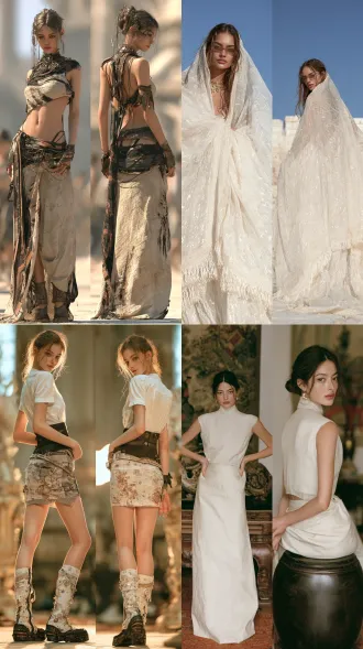 超写实大师级摄影佳作，实景拍摄的国际超模，西欧女性形象，生命活力之美，魅力四射，正面情绪，真实人物，写真皮肤肌理，现实质感，超清画质。画面左侧是超模前侧方视角全身视图，画面右侧是侧后方视角全身视图，两个视角视图全面展示全身细节，聚焦清晰不失焦。世界古典文化艺术元素与未来主义设计理念相融合，传承世界传统服饰艺术与传统手工服饰工艺，古典繁复修饰和饰品呈现与未来主义简约和归真相碰撞，光影色彩视觉美学与自然崇拜交融，极尽开拓创新思路，使整体造型尽显超凡的艺术魅力，无任何文字和标志。服饰与饰品艺术，彩妆美妆与发型发饰艺术，人体美学，色彩美学，材质美学，形体美学。全身视图，超高细节，最高清晰度，最高画质。
