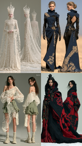 超写实大师级摄影佳作，实景拍摄的国际超模，东欧女性形象，生命活力之美，魅力四射，正面情绪，真实人物，写真皮肤肌理，现实质感，超清画质。画面左侧是超模正面视角全身视图，画面右侧是侧后方视角全身视图，两个视角视图全面展示全身细节，聚焦清晰不失焦。世界古典文化艺术元素与未来主义设计理念相融合，传承世界传统服饰艺术与传统手工服饰工艺，古典繁复修饰和饰品呈现与未来主义简约和归真相碰撞，光影色彩视觉美学与自然崇拜交融，极尽开拓创新思路，使整体造型尽显超凡的艺术魅力，无任何文字和标志。服饰与饰品艺术，彩妆美妆与发型发饰艺术，人体美学，色彩美学，材质美学，形体美学。全身视图，超高细节，最高清晰度，最高画质。