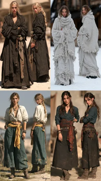 超写实大师级摄影佳作，实景拍摄的国际超模，东欧女性形象，生命活力之美，魅力四射，正面情绪，真实人物，写真皮肤肌理，现实质感，超清画质。画面左侧是超模正面视角全身视图，画面右侧是侧后方视角全身视图，两个视角视图全面展示全身细节，聚焦清晰不失焦。世界古典文化艺术元素与未来主义设计理念相融合，传承世界传统服饰艺术与传统手工服饰工艺，古典繁复修饰和饰品呈现与未来主义简约和归真相碰撞，光影色彩视觉美学与自然崇拜交融，极尽开拓创新思路，使整体造型尽显超凡的艺术魅力，无任何文字和标志。服饰与饰品艺术，彩妆美妆与发型发饰艺术，人体美学，色彩美学，材质美学，形体美学。全身视图，超高细节，最高清晰度，最高画质。