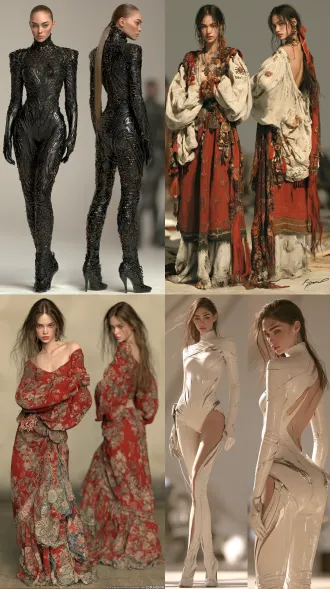 超写实大师级摄影佳作，实景拍摄的国际超模，东欧女性形象，生命活力之美，魅力四射，正面情绪，真实人物，写真皮肤肌理，现实质感，超清画质。画面左侧是超模正面视角全身视图，画面右侧是侧后方视角全身视图，两个视角视图全面展示全身细节，聚焦清晰不失焦。世界古典文化艺术元素与未来主义设计理念相融合，传承世界传统服饰艺术与传统手工服饰工艺，古典繁复修饰和饰品呈现与未来主义简约和归真相碰撞，光影色彩视觉美学与自然崇拜交融，极尽开拓创新思路，使整体造型尽显超凡的艺术魅力，无任何文字和标志。服饰与饰品艺术，彩妆美妆与发型发饰艺术，人体美学，色彩美学，材质美学，形体美学。全身视图，超高细节，最高清晰度，最高画质。