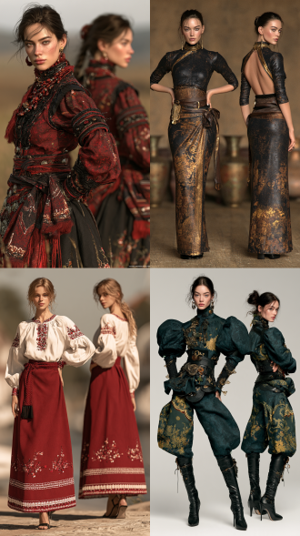 超写实大师级摄影佳作，实景拍摄的国际超模，东欧女性形象，生命活力之美，魅力四射，正面情绪，真实人物，写真皮肤肌理，现实质感，超清画质。画面左侧是超模正面视角全身视图，画面右侧是侧后方视角全身视图，两个视角视图全面展示全身细节，聚焦清晰不失焦。世界古典文化艺术元素与未来主义设计理念相融合，传承世界传统服饰艺术与传统手工服饰工艺，古典繁复修饰和饰品呈现与未来主义简约和归真相碰撞，光影色彩视觉美学与自然崇拜交融，极尽开拓创新思路，使整体造型尽显超凡的艺术魅力，无任何文字和标志。服饰与饰品艺术，彩妆美妆与发型发饰艺术，人体美学，色彩美学，材质美学，形体美学。全身视图，超高细节，最高清晰度，最高画质。