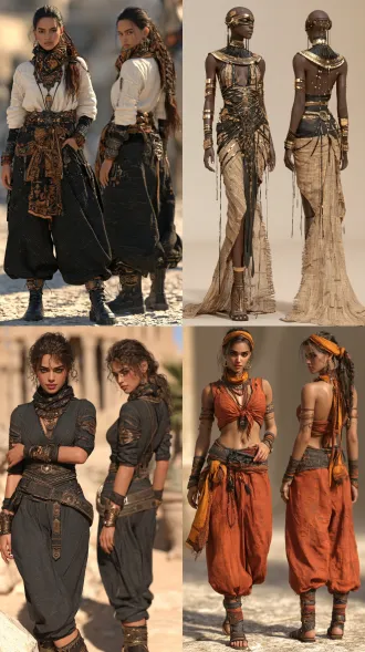 超写实大师级摄影佳作，实景拍摄的国际超模，北非女性形象，生命活力之美，魅力四射，正面情绪，真实人物，写真皮肤肌理，现实质感，超清画质。画面左侧是超模正面视角全身视图，画面右侧是侧后方视角全身视图，两个视角视图全面展示全身细节，聚焦清晰不失焦。世界古典文化艺术元素与未来主义设计理念相融合，传承世界传统服饰艺术与传统手工服饰工艺，古典繁复修饰和饰品呈现与未来主义简约和归真相碰撞，光影色彩视觉美学与自然崇拜交融，极尽开拓创新思路，使整体造型尽显超凡的艺术魅力，无任何文字和标志。服饰与饰品艺术，彩妆美妆与发型发饰艺术，人体美学，色彩美学，材质美学，形体美学。全身视图，超高细节，最高清晰度，最高画质。