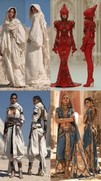 超写实大师级摄影佳作，实景拍摄的国际超模，北非女性形象，生命活力之美，魅力四射，正面情绪，真实人物，写真皮肤肌理，现实质感，超清画质。画面左侧是超模正面视角全身视图，画面右侧是侧后方视角全身视图，两个视角视图全面展示全身细节，聚焦清晰不失焦。世界古典文化艺术元素与未来主义设计理念相融合，传承世界传统服饰艺术与传统手工服饰工艺，古典繁复修饰和饰品呈现与未来主义简约和归真相碰撞，光影色彩视觉美学与自然崇拜交融，极尽开拓创新思路，使整体造型尽显超凡的艺术魅力，无任何文字和标志。服饰与饰品艺术，彩妆美妆与发型发饰艺术，人体美学，色彩美学，材质美学，形体美学。全身视图，超高细节，最高清晰度，最高画质。