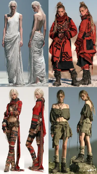 超写实大师级摄影佳作，实景拍摄的国际超模，北欧女性形象，生命活力之美，魅力四射，正面情绪，真实人物，写真皮肤肌理，现实质感，超清画质。画面左侧是超模正面视角全身视图，画面右侧是侧后方视角全身视图，两个视角视图全面展示全身细节，聚焦清晰不失焦。世界古典文化艺术元素与未来主义设计理念相融合，传承世界传统服饰艺术与传统手工服饰工艺，古典繁复修饰和饰品呈现与未来主义简约和归真相碰撞，光影色彩视觉美学与自然崇拜交融，极尽开拓创新思路，使整体造型尽显超凡的艺术魅力，无任何文字和标志。服饰与饰品艺术，彩妆美妆与发型发饰艺术，人体美学，色彩美学，材质美学，形体美学。全身视图，超高细节，最高清晰度，最高画质。