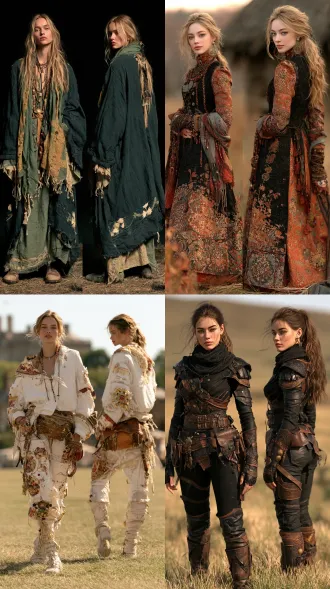 超写实大师级摄影佳作，实景拍摄的国际超模，北欧女性形象，生命活力之美，魅力四射，正面情绪，真实人物，写真皮肤肌理，现实质感，超清画质。画面左侧是超模正面视角全身视图，画面右侧是侧后方视角全身视图，两个视角视图全面展示全身细节，聚焦清晰不失焦。世界古典文化艺术元素与未来主义设计理念相融合，传承世界传统服饰艺术与传统手工服饰工艺，古典繁复修饰和饰品呈现与未来主义简约和归真相碰撞，光影色彩视觉美学与自然崇拜交融，极尽开拓创新思路，使整体造型尽显超凡的艺术魅力，无任何文字和标志。服饰与饰品艺术，彩妆美妆与发型发饰艺术，人体美学，色彩美学，材质美学，形体美学。全身视图，超高细节，最高清晰度，最高画质。