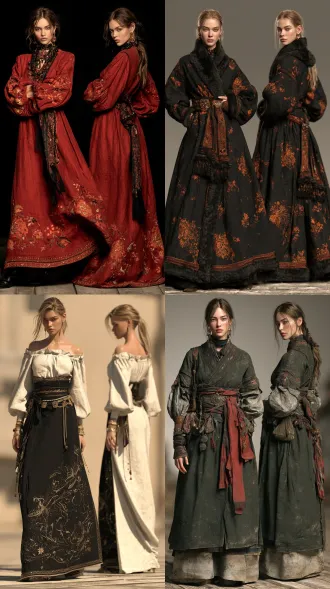 超写实大师级摄影佳作，实景拍摄的国际超模，北欧女性形象，生命活力之美，魅力四射，正面情绪，真实人物，写真皮肤肌理，现实质感，超清画质。画面左侧是超模正面视角全身视图，画面右侧是侧后方视角全身视图，两个视角视图全面展示全身细节，聚焦清晰不失焦。世界古典文化艺术元素与未来主义设计理念相融合，传承世界传统服饰艺术与传统手工服饰工艺，古典繁复修饰和饰品呈现与未来主义简约和归真相碰撞，光影色彩视觉美学与自然崇拜交融，极尽开拓创新思路，使整体造型尽显超凡的艺术魅力，无任何文字和标志。服饰与饰品艺术，彩妆美妆与发型发饰艺术，人体美学，色彩美学，材质美学，形体美学。全身视图，超高细节，最高清晰度，最高画质。