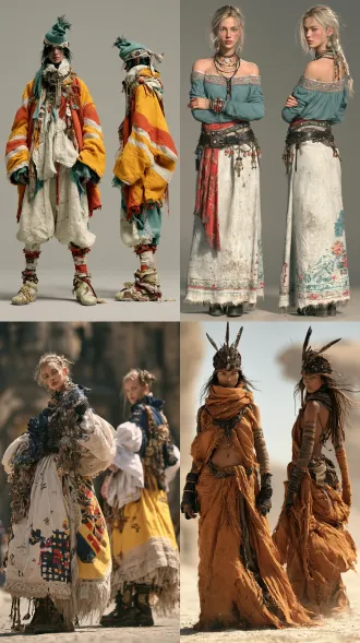 超写实大师级摄影佳作，实景拍摄的国际超模，北欧女性形象，生命活力之美，魅力四射，正面情绪，真实人物，写真皮肤肌理，现实质感，超清画质。画面左侧是超模正面视角全身视图，画面右侧是侧后方视角全身视图，两个视角视图全面展示全身细节，聚焦清晰不失焦。世界古典文化艺术元素与未来主义设计理念相融合，传承世界传统服饰艺术与传统手工服饰工艺，古典繁复修饰和饰品呈现与未来主义简约和归真相碰撞，光影色彩视觉美学与自然崇拜交融，极尽开拓创新思路，使整体造型尽显超凡的艺术魅力，无任何文字和标志。服饰与饰品艺术，彩妆美妆与发型发饰艺术，人体美学，色彩美学，材质美学，形体美学。全身视图，超高细节，最高清晰度，最高画质。