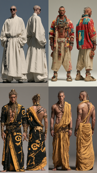 超写实大师级摄影佳作，实景拍摄的国际超模，北欧男性形象，生命活力之美，魅力四射，正面情绪，真实人物，写真皮肤肌理，现实质感，超清画质。画面左侧是超模正面视角全身视图，画面右侧是侧后方视角全身视图，两个视角视图全面展示全身细节，聚焦清晰不失焦。世界古典文化艺术元素与未来主义设计理念相融合，传承世界传统服饰艺术与传统手工服饰工艺，古典繁复修饰和饰品呈现与未来主义简约和归真相碰撞，光影色彩视觉美学与自然崇拜交融，极尽开拓创新思路，使整体造型尽显超凡的艺术魅力，无任何文字和标志。服饰与饰品艺术，彩妆美妆与发型发饰艺术，人体美学，色彩美学，材质美学，形体美学。全身视图，超高细节，最高清晰度，最高画质。