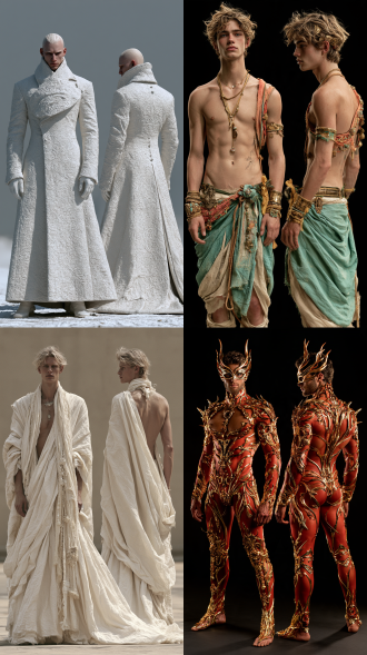 超写实大师级摄影佳作，实景拍摄的国际超模，北欧男性形象，生命活力之美，魅力四射，正面情绪，真实人物，写真皮肤肌理，现实质感，超清画质。画面左侧是超模正面视角全身视图，画面右侧是侧后方视角全身视图，两个视角视图全面展示全身细节，聚焦清晰不失焦。世界古典文化艺术元素与未来主义设计理念相融合，传承世界传统服饰艺术与传统手工服饰工艺，古典繁复修饰和饰品呈现与未来主义简约和归真相碰撞，光影色彩视觉美学与自然崇拜交融，极尽开拓创新思路，使整体造型尽显超凡的艺术魅力，无任何文字和标志。服饰与饰品艺术，彩妆美妆与发型发饰艺术，人体美学，色彩美学，材质美学，形体美学。全身视图，超高细节，最高清晰度，最高画质。