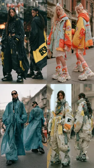 超写实大师级摄影佳作，胶片颗粒，柯达portra400胶片拍摄，模特级时尚人像，时尚杂志级摄影作品，中国都市街拍。生命活力之美，魅力四射，正面情绪，真实人物，现实质感。画面左侧是超模正面视角全身视图，画面右侧是侧后方视角全身视图，两个视角视图全面展示全身细节，聚焦清晰不失焦。世界古典文化艺术元素与未来主义设计理念相融合，传承世界传统服饰艺术与传统手工服饰工艺。应用光影色彩视觉美学，侧顺光为主，呈现超凡的艺术魅力，无任何文字和标志。服饰与饰品艺术，彩妆美妆与发型发饰艺术，人体美学，色彩美学，材质美学，形体美学。全身视图，超高细节，8k超清。