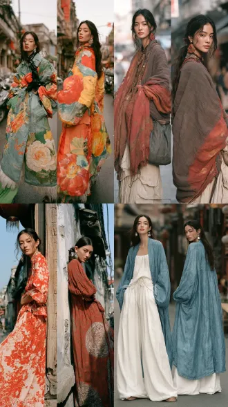 超写实大师级摄影佳作，胶片颗粒，柯达portra400胶片拍摄，模特级时尚人像，时尚杂志级摄影作品，中国都市街拍。生命活力之美，魅力四射，正面情绪，真实人物，现实质感。画面左侧是超模正面视角全身视图，画面右侧是侧后方视角全身视图，两个视角视图全面展示全身细节，聚焦清晰不失焦。世界古典文化艺术元素与未来主义设计理念相融合，传承世界传统服饰艺术与传统手工服饰工艺。应用光影色彩视觉美学，侧顺光为主，呈现超凡的艺术魅力，无任何文字和标志。服饰与饰品艺术，彩妆美妆与发型发饰艺术，人体美学，色彩美学，材质美学，形体美学。全身视图，超高细节，8k超清。