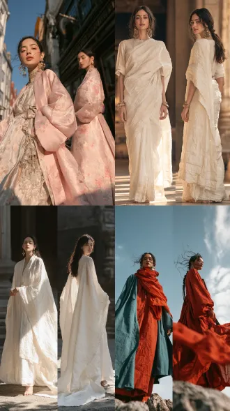 超写实大师级摄影佳作，实景拍摄的国际超模，南亚女性形象，生命活力之美，魅力四射，正面情绪，真实人物，写真皮肤肌理，现实质感，超清画质。画面左侧是超模正面视角全身视图，画面右侧是侧后方视角全身视图，两个视角视图全面展示全身细节，聚焦清晰不失焦。世界古典文化艺术元素与未来主义设计理念相融合，传承世界传统服饰艺术与传统手工服饰工艺，古典繁复修饰和饰品呈现与未来主义简约和归真相碰撞，光影色彩视觉美学与自然崇拜交融，极尽开拓创新思路，使整体造型尽显超凡的艺术魅力，无任何文字和标志。服饰与饰品艺术，彩妆美妆与发型发饰艺术，人体美学，色彩美学，材质美学，形体美学。全身视图，超高细节，最高清晰度，最高画质。