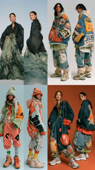 超写实大师级摄影佳作，胶片颗粒，柯达portra400胶片拍摄，模特级时尚人像，时尚杂志级摄影作品，北亚本土风情。生命活力之美，魅力四射，正面情绪，真实人物，现实质感。画面左侧是人物正面视角全身视图，画面右侧是同一人物侧后方视角全身视图，两个视角视图全面展示人物全身细节，聚焦清晰不失焦。世界古典文化艺术元素与未来主义设计理念相融合，传承世界传统服饰艺术与传统手工服饰工艺。应用光影色彩视觉美学，侧顺光为主，呈现超凡的艺术魅力，无任何文字和标志。服饰与饰品艺术，彩妆美妆与发型发饰艺术，人体美学，色彩美学，材质美学，形体美学。全身视图，超高细节，8k超清。
