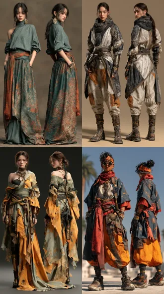 超写实大师级摄影佳作，实景拍摄的国际超模，北亚女性形象，生命活力之美，魅力四射，正面情绪，真实人物，写真皮肤肌理，现实质感，超清画质。画面左侧是超模正面视角全身视图，画面右侧是侧后方视角全身视图，两个视角视图全面展示全身细节，聚焦清晰不失焦。世界古典文化艺术元素与未来主义设计理念相融合，传承世界传统服饰艺术与传统手工服饰工艺，古典繁复修饰和饰品呈现与未来主义简约和归真相碰撞，光影色彩视觉美学与自然崇拜交融，极尽开拓创新思路，使整体造型尽显超凡的艺术魅力，无任何文字和标志。服饰与饰品艺术，彩妆美妆与发型发饰艺术，人体美学，色彩美学，材质美学，形体美学。全身视图，超高细节，最高清晰度，最高画质。