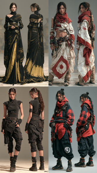 超写实大师级摄影佳作，实景拍摄的国际超模，北亚女性形象，生命活力之美，魅力四射，正面情绪，真实人物，写真皮肤肌理，现实质感，超清画质。画面左侧是超模正面视角全身视图，画面右侧是侧后方视角全身视图，两个视角视图全面展示全身细节，聚焦清晰不失焦。世界古典文化艺术元素与未来主义设计理念相融合，传承世界传统服饰艺术与传统手工服饰工艺，古典繁复修饰和饰品呈现与未来主义简约和归真相碰撞，光影色彩视觉美学与自然崇拜交融，极尽开拓创新思路，使整体造型尽显超凡的艺术魅力，无任何文字和标志。服饰与饰品艺术，彩妆美妆与发型发饰艺术，人体美学，色彩美学，材质美学，形体美学。全身视图，超高细节，最高清晰度，最高画质。