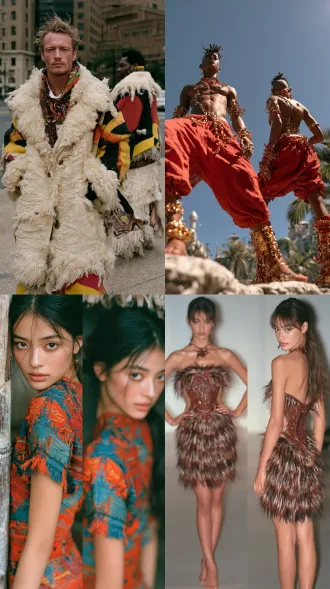 超写实大师级摄影佳作，胶片颗粒，柯达portra400胶片拍摄，模特级时尚人像，时尚杂志级摄影作品，大洋洲本土风情。生命活力之美，魅力四射，正面情绪，真实人物，现实质感。画面左侧是人物正面视角全身视图，画面右侧是同一人物侧后方视角全身视图，两个视角视图全面展示人物全身细节，聚焦清晰不失焦。世界古典文化艺术元素与未来主义设计理念相融合，传承世界传统服饰艺术与传统手工服饰工艺。应用光影色彩视觉美学，侧顺光为主，呈现超凡的艺术魅力，无任何文字和标志。服饰与饰品艺术，彩妆美妆与发型发饰艺术，人体美学，色彩美学，材质美学，形体美学。全身视图，超高细节，8k超清。