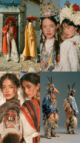超写实大师级摄影佳作，胶片颗粒，柯达portra400胶片拍摄，模特级时尚人像，时尚杂志级摄影作品，南美洲本土风情。生命活力之美，魅力四射，正面情绪，真实人物，现实质感。画面左侧是人物正面视角全身视图，画面右侧是同一人物侧后方视角全身视图，两个视角视图全面展示人物全身细节，聚焦清晰不失焦。世界古典文化艺术元素与未来主义设计理念相融合，传承世界传统服饰艺术与传统手工服饰工艺。应用光影色彩视觉美学，侧顺光为主，呈现超凡的艺术魅力，无任何文字和标志。服饰与饰品艺术，彩妆美妆与发型发饰艺术，人体美学，色彩美学，材质美学，形体美学。全身视图，超高细节，8k超清。