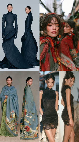 超写实大师级摄影佳作，胶片颗粒，柯达portra400胶片拍摄，模特级时尚人像，时尚杂志级摄影作品，亚洲本土风情。生命活力之美，魅力四射，正面情绪，真实人物，现实质感。画面左侧是人物正面视角全身视图，画面右侧是同一人物侧后方视角全身视图，两个视角视图全面展示人物全身细节，聚焦清晰不失焦。世界古典文化艺术元素与未来主义设计理念相融合，传承世界传统服饰艺术与传统手工服饰工艺。应用光影色彩视觉美学，侧顺光为主，呈现超凡的艺术魅力，无任何文字和标志。服饰与饰品艺术，彩妆美妆与发型发饰艺术，人体美学，色彩美学，材质美学，形体美学。全身视图，超高细节，8k超清。
