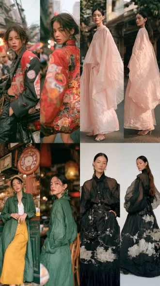 超写实大师级摄影佳作，胶片颗粒，柯达portra400胶片拍摄，模特级时尚人像，时尚杂志级摄影作品，亚洲本土风情。生命活力之美，魅力四射，正面情绪，真实人物，现实质感。画面左侧是人物正面视角全身视图，画面右侧是同一人物侧后方视角全身视图，两个视角视图全面展示人物全身细节，聚焦清晰不失焦。世界古典文化艺术元素与未来主义设计理念相融合，传承世界传统服饰艺术与传统手工服饰工艺。应用光影色彩视觉美学，侧顺光为主，呈现超凡的艺术魅力，无任何文字和标志。服饰与饰品艺术，彩妆美妆与发型发饰艺术，人体美学，色彩美学，材质美学，形体美学。全身视图，超高细节，8k超清。