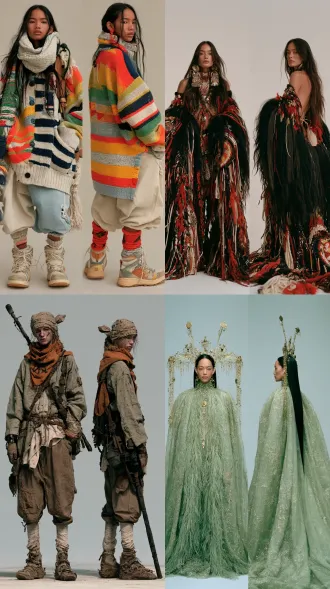 超写实大师级摄影佳作，胶片颗粒，柯达portra400胶片拍摄，模特级时尚人像，时尚杂志级摄影作品，亚洲本土风情。生命活力之美，魅力四射，正面情绪，真实人物，现实质感。画面左侧是人物正面视角全身视图，画面右侧是同一人物侧后方视角全身视图，两个视角视图全面展示人物全身细节，聚焦清晰不失焦。世界古典文化艺术元素与未来主义设计理念相融合，传承世界传统服饰艺术与传统手工服饰工艺。应用光影色彩视觉美学，侧顺光为主，呈现超凡的艺术魅力，无任何文字和标志。服饰与饰品艺术，彩妆美妆与发型发饰艺术，人体美学，色彩美学，材质美学，形体美学。全身视图，超高细节，8k超清。