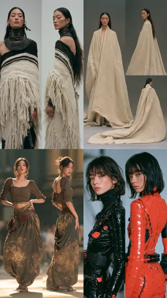 超写实大师级摄影佳作，胶片颗粒，柯达portra400胶片拍摄，模特级时尚人像，时尚杂志级摄影作品，亚洲本土风情。生命活力之美，魅力四射，正面情绪，真实人物，现实质感。画面左侧是人物正面视角全身视图，画面右侧是同一人物侧后方视角全身视图，两个视角视图全面展示人物全身细节，聚焦清晰不失焦。世界古典文化艺术元素与未来主义设计理念相融合，传承世界传统服饰艺术与传统手工服饰工艺。应用光影色彩视觉美学，侧顺光为主，呈现超凡的艺术魅力，无任何文字和标志。服饰与饰品艺术，彩妆美妆与发型发饰艺术，人体美学，色彩美学，材质美学，形体美学。全身视图，超高细节，8k超清。