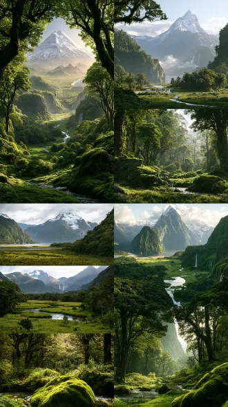 国家地理杂志水准的自然景观摄影作品，8k超清画质。太平洋上一座热带大型海岛，海岛边缘有大片的海滩，也有陡峭崖壁下的小海湾，海岛的一半是低海拔平原和丘陵地带，另一半是海拔渐次升高的山地和高原，在高海拔的高原上，有一座高耸的雪山。平原和丘陵地带分布着茂密的热带植被，随着海拔的升高，植被逐渐向亚热带、温带过渡，山地和高原分布着温带植被，包括丛林、草原和湿地，在雪山地带分布着寒带植被，雪山顶部终年积雪。河流从雪山起源，流过高原和山地的草原和丛林，汇聚出湖泊，高落差的地势形成瀑布，山地丛林中流淌出的河流又蜿蜒穿过热带平原。这是一个地形和植被类型丰富的海中大陆，是一个生机勃勃的世界。镜头在这个海岛上分布着温带植被的丛林内部拍摄。