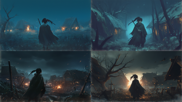 夜色荒村，主角立于中央，地面仅一圈淡银光环，像未点燃的篝火，黑暗笼罩，寂静神秘，主角披风飘扬，面容冷峻，眼神深邃，低角度拍摄，广角镜头，冷色调，环境光，微弱的银光点缀，孤独感，超现实风格，阴影浓重，氛围压抑，细节精致。