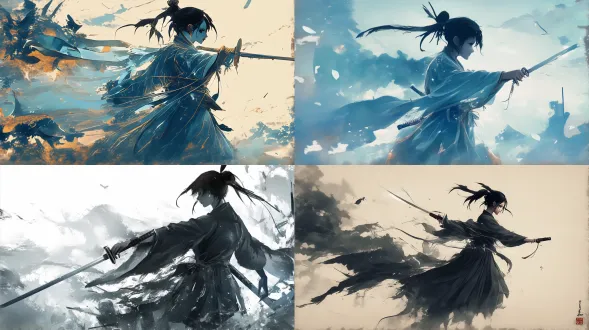 中国古代女性侠客持剑侧影，竹林水墨背景，飘逸长袍丝绸质感，动态腾跃姿势，黄昏侧逆光，低饱和青灰色调，发丝随风舞动，剑刃寒光微闪，传统服饰刺绣纹理，柔美与力量并存，武侠氛围浓郁，写意笔触，古典美学构图，景深层次分明，冷峻侠义神情，衣袂翻飞动态。