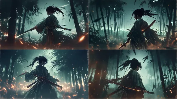 中国古代女性侠客持剑侧身背影，飘逸长袍丝绸质感，传统服饰细节，竹林背景动态姿势，黄昏侧逆光，冷色调，剑锋寒光，风起发丝古典美学，广角镜头浅景深，高速快门动态模糊，力量与柔美结合，飒爽英姿，戏剧性光影，丝绸飘动细节，高分辨率8k，中国传统水墨画风格。