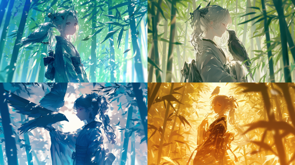 青灰发双丫髻少女立于竹林里，白鸦栖肩，竹叶飘落，神秘疗愈氛围，柔光漫射，广角镜头，地脉灵气流淌，高对比度，柔焦镜头，逆光，温暖色调，宁静安详，治愈氛围，细节丰富，自然光影，诗意构图，白衣轻纱，浅笑嫣然，灵气环绕，微距细节，浅景深，和风意境，禅意，空灵。