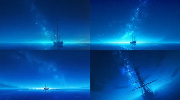 星空如大锅倒扣，海面上孤船桅杆如勺伸向天空，极简构图，深蓝色调，银河清晰可见，长曝光，广角镜头，低角度拍摄，冷色调，月光反射海面，平静水面，微弱船灯，超现实主义风格，神秘感，宁静氛围。