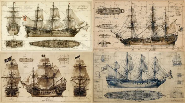 18世纪加勒比海盗船三视图与剖面图，正视图（骷髅旗与船首像），左舷视图（12门黄铜炮与破帆），平面图（甲板布局与索具），纵向剖面（船员舱、炮甲板、火药库与藏宝舱），复古航海蓝图风格，手绘墨线，棕褐色与海军蓝调，技术标注（船体长35米宽8米），网格背景，超高细节木纹与金属质感，8k分辨率，